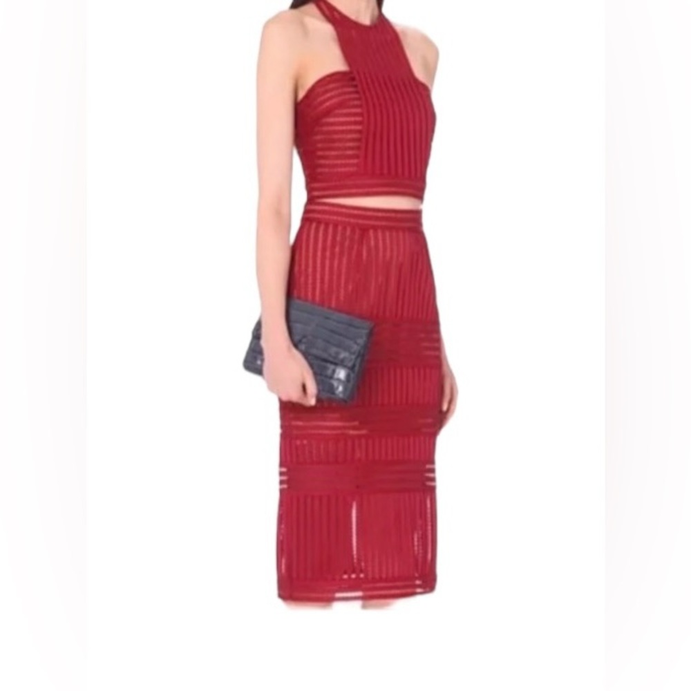 Self-Portrait Striped Mesh Sleeveless Crop Top & Midi Skirt Set, Size 6(S)